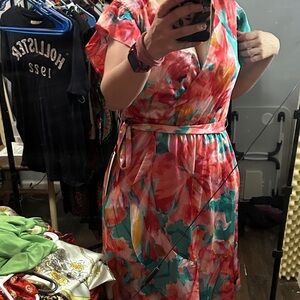 Nicole Miller Coral and Teal Asymmetrical Dress